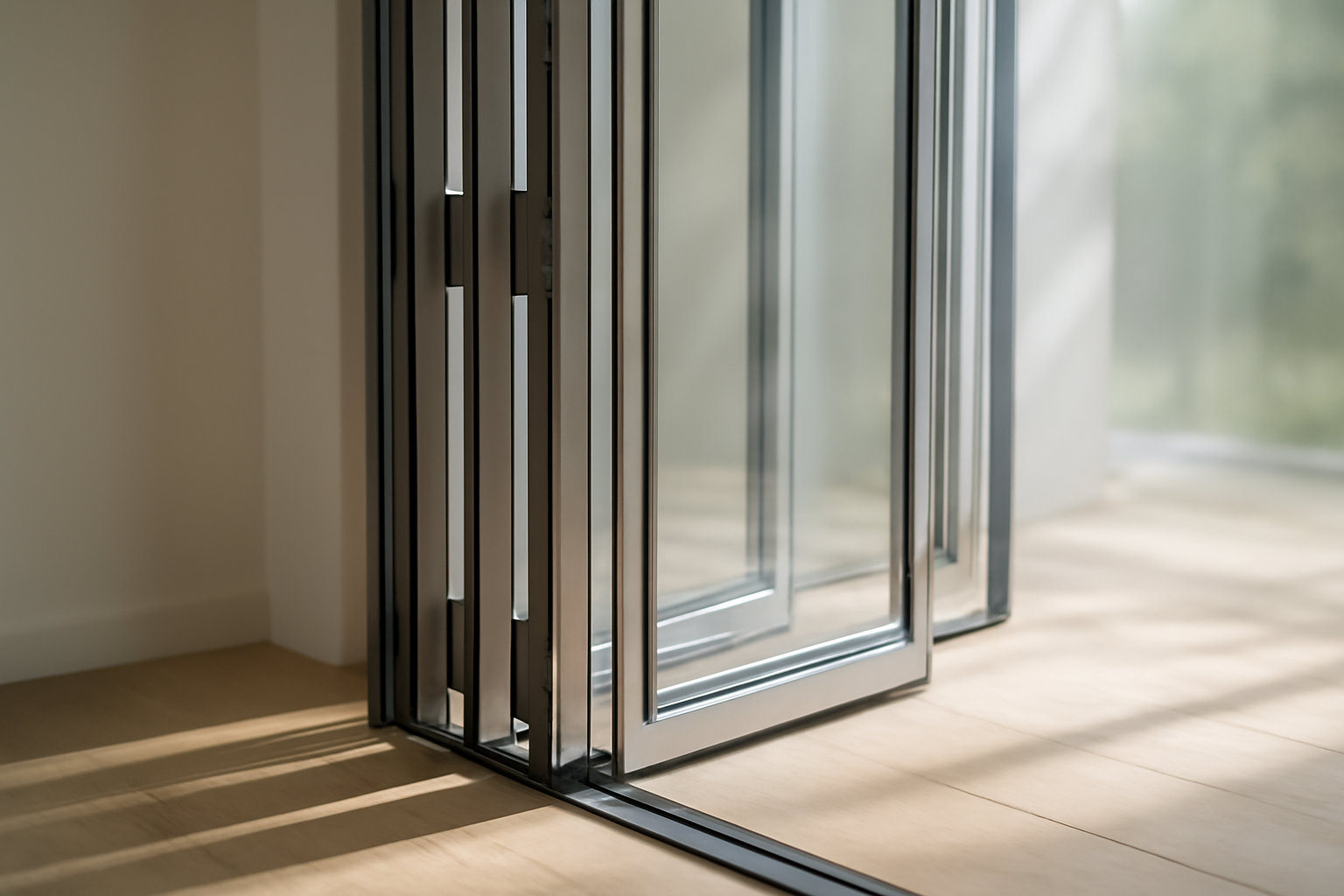 Baie vitrée accordéon en aluminium à haute isolation thermique, ouverture pliable vers terrasse