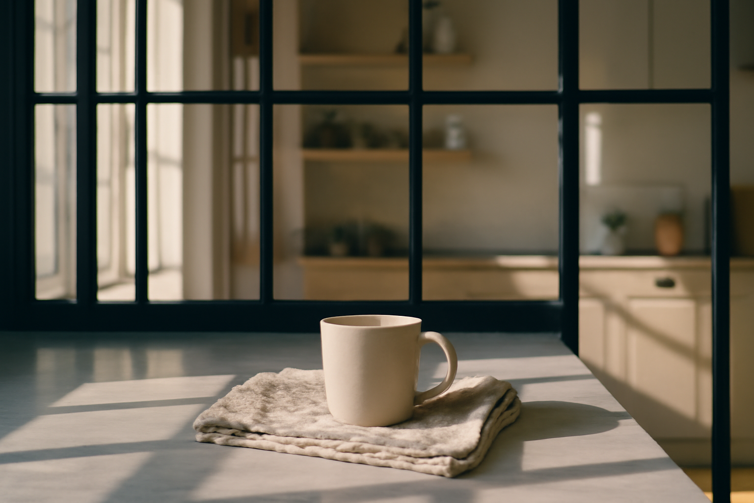 Cuisine ouverte séparée par une verrière noire, plan de travail en marbre et rangements optimisés