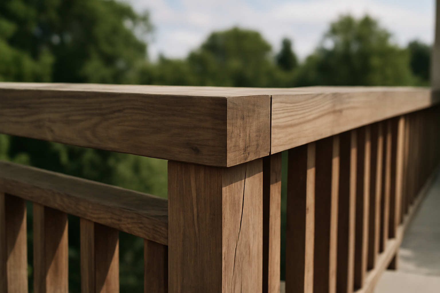 Détail garde-corps bois extérieur : poteaux et lisses en chêne, fixation inox, finition naturelle résistante aux intempéries