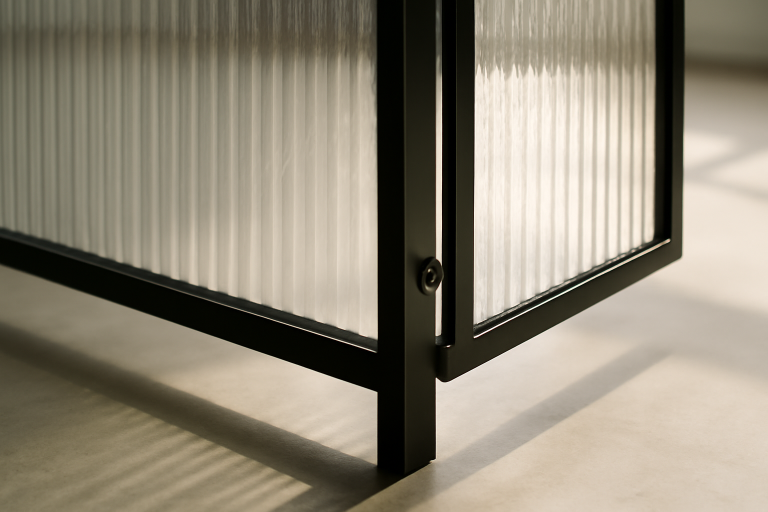 Cloison vitrée meuble modulable en verre et bois, séparation d'espace et rangement