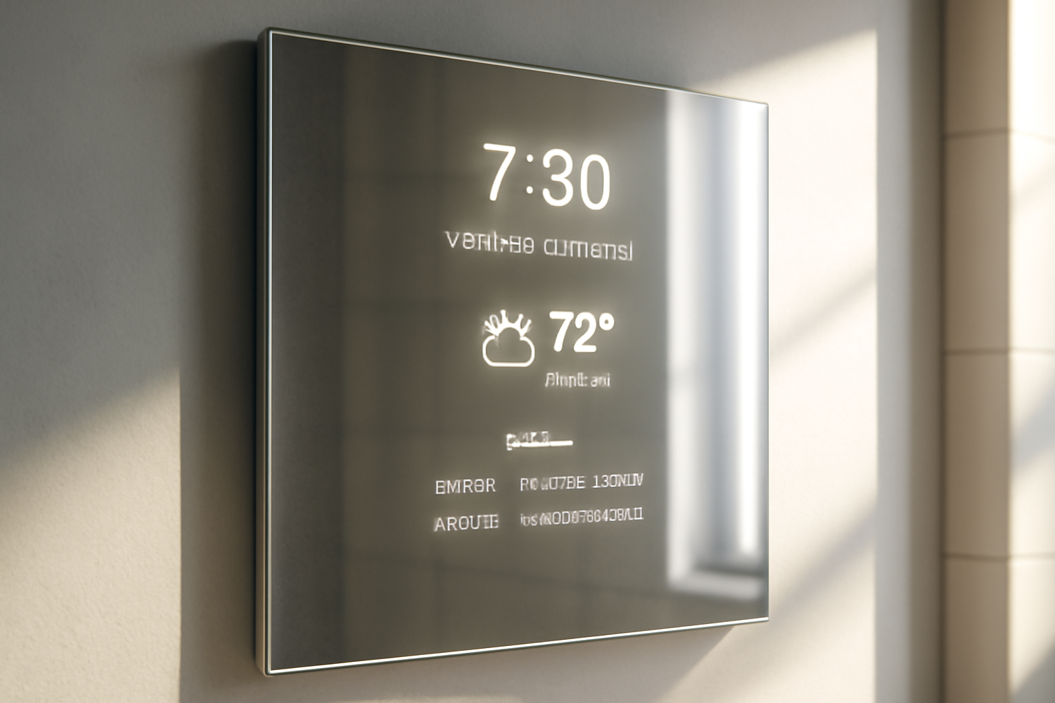 Personne interagissant avec un miroir connecté tactile à commande vocale — affichage d'agenda, réglage de lumière et assistant domestique