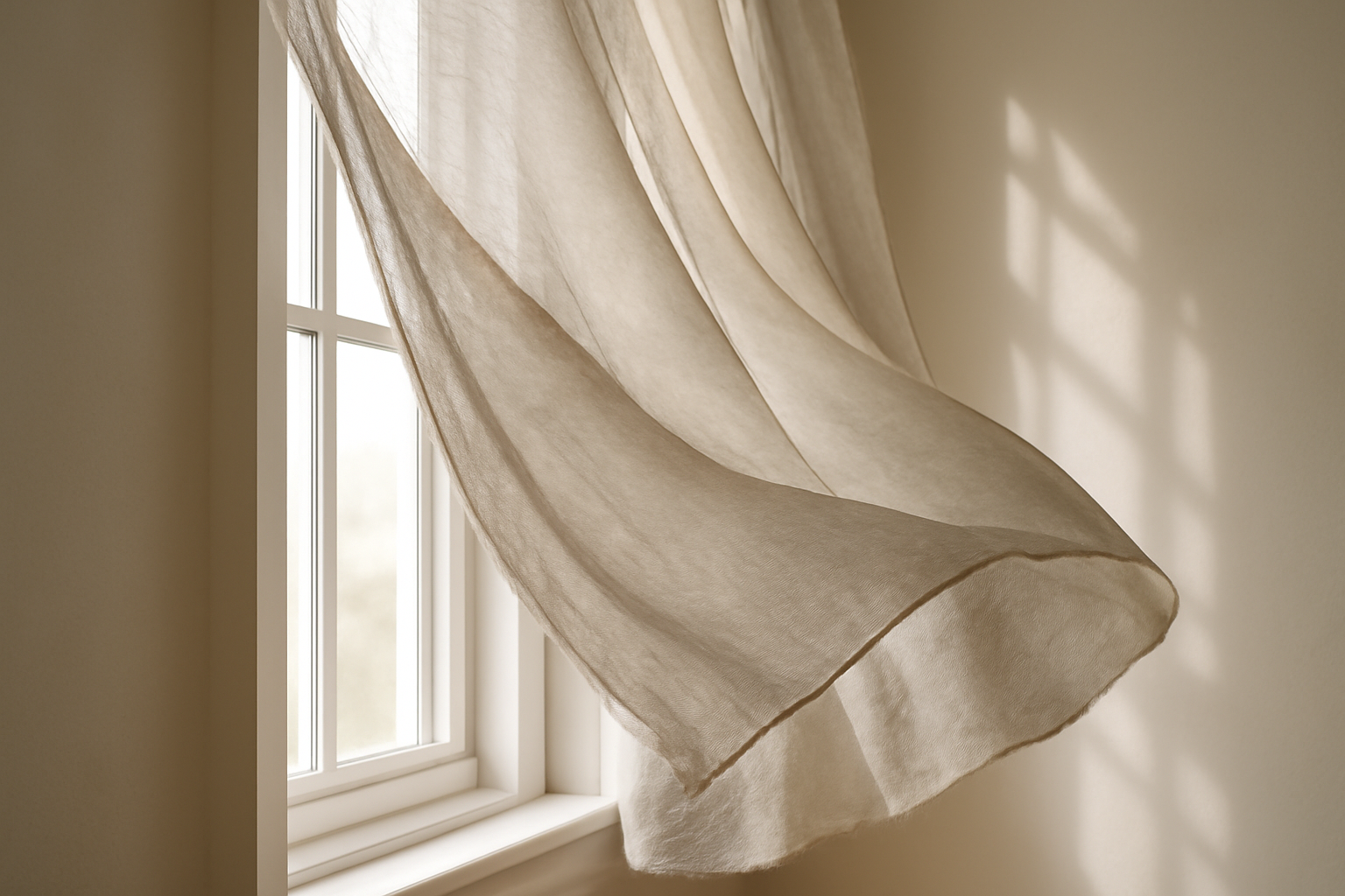 Voilage blanc translucide pour fenêtre — textile léger filtrant la lumière naturelle et décoratif