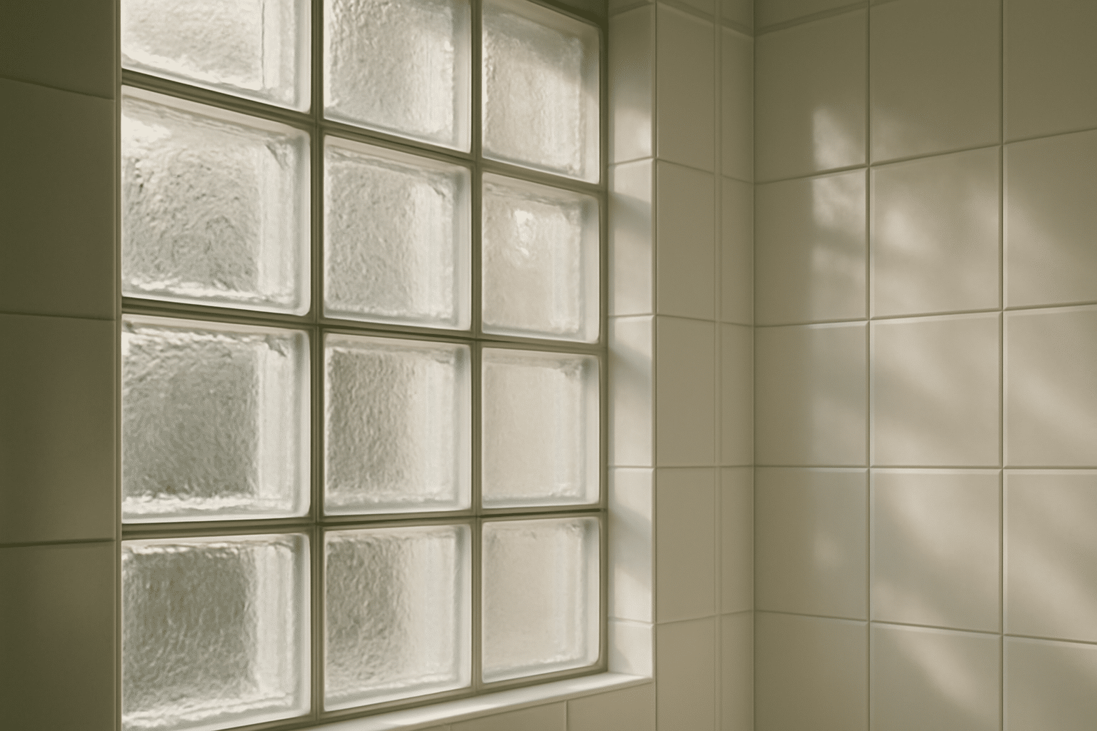 Détail de brique de verre dans la douche : texture opaline apportant lumière naturelle et design élégant
