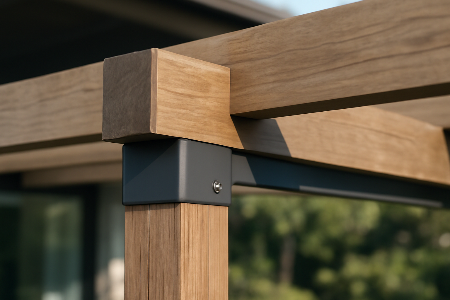 Pergola adossée à une véranda, structure mixte bois-aluminium, stores motorisés et terrasse aménagée pour réception extérieure